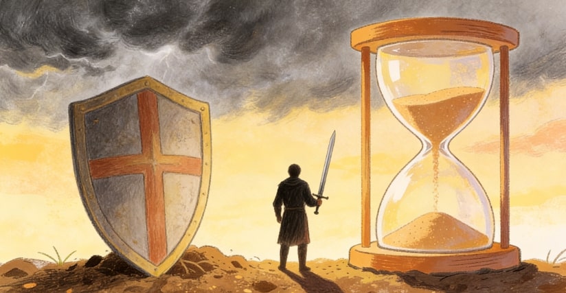 A person with a sword stands between a large shield with a cross and a giant hourglass, under a dramatic sky with dark clouds and golden light.