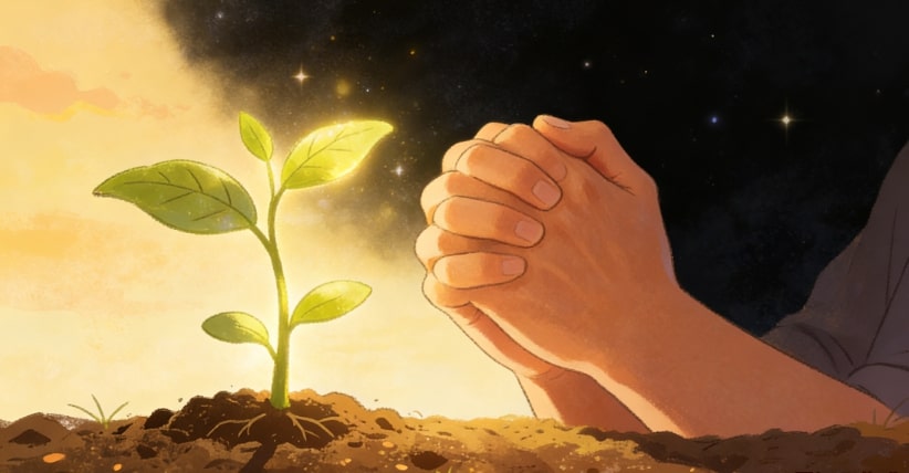 A person’s hands clasped in prayer next to a small green plant sprouting from soil under a glowing light, with a dark starry sky in the background.