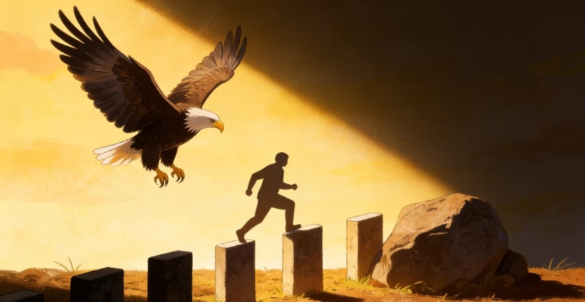 A silhouette of a person climbs stone steps toward a large rock, while a soaring eagle flies beside them in a golden beam of sunlight, symbolizing ambition and guidance.