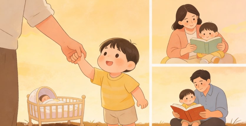 Illustration showing a young child holding an adults hand, a baby in a crib, a mother reading to the child, and a father reading to the child, all set against a warm, soft background.