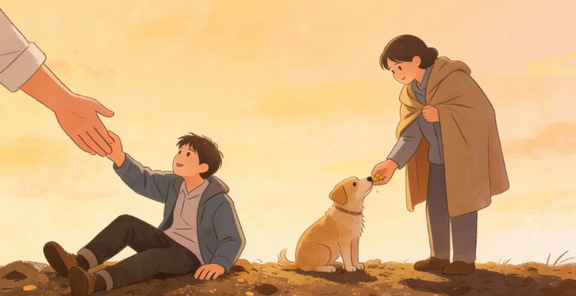 An illustration of a boy sitting on the ground reaching for an adult’s hand, while a woman in a cape feeds a treat to a light-brown dog, all under a soft, warm sky.