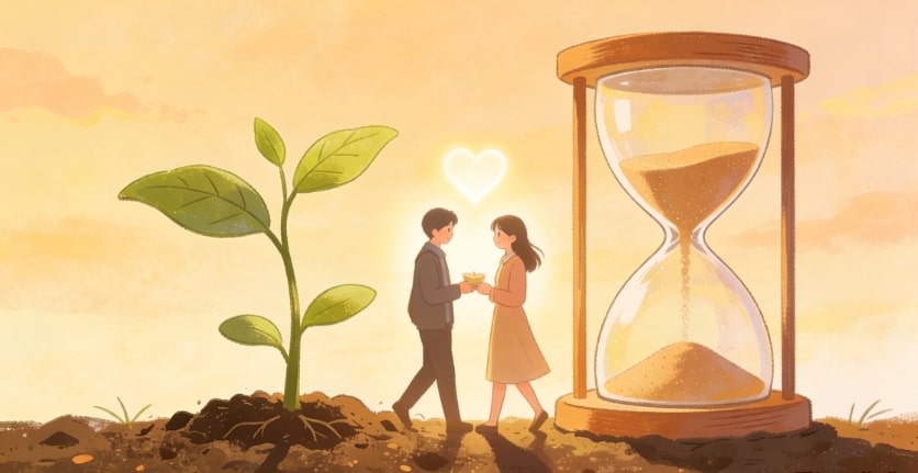 A couple stands holding hands beside a large hourglass and a young plant, with a glowing heart between them, set against a soft, golden sunrise.