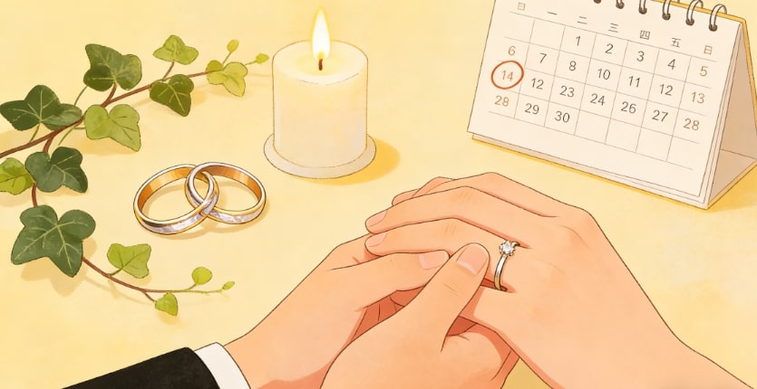 Two hands gently holding, one wearing an engagement ring, beside a lit candle, two wedding rings, ivy leaves, and a calendar with the 14th circled. The scene suggests a romantic or engagement moment.