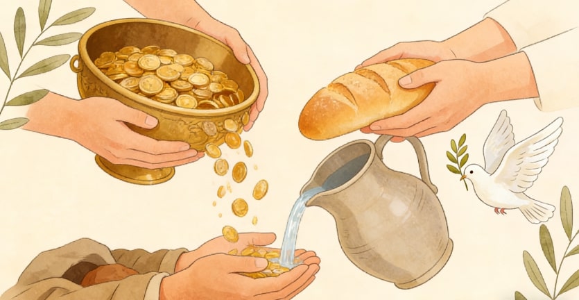 An illustration shows hands pouring gold coins from a bowl and water from a pitcher into another persons hands, while another hand offers a loaf of bread; a white dove and olive branches are also present.