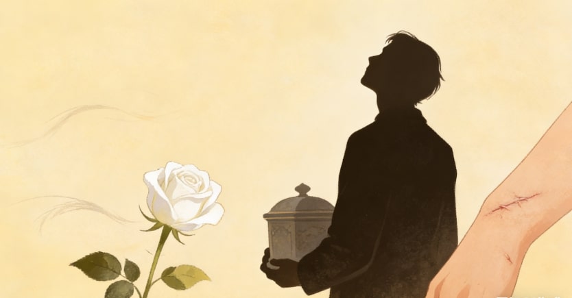 A silhouette of a person holding an urn stands next to a white rose, with a close-up of an arm showing a scar on the wrist, all set against a soft beige background.