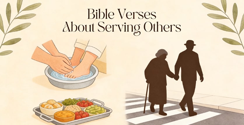 Illustration with the text Bible Verses About Serving Others, showing feet being washed, a tray of food, and a person helping an elderly woman cross the street, with green leafy branches in the corners.