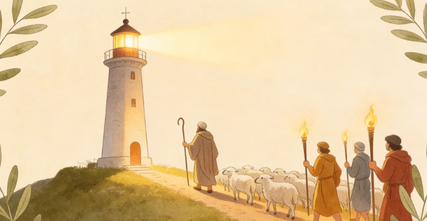A group of people with shepherd’s staffs and torches lead a flock of sheep toward a lit lighthouse on a hill, with leafy branches framing the image.
