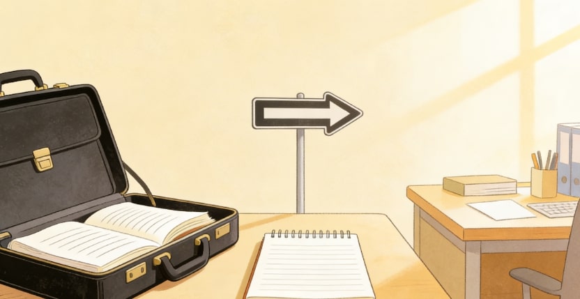 An open briefcase with papers, a notepad, and an office desk with books, folders, and stationery sit in a sunlit room. A right-pointing arrow sign stands in the background.