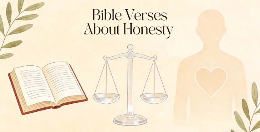 Illustration with an open book, a balanced scale, and a human silhouette with a heart on the chest. Text reads, “Bible Verses About Honesty.” Decorative leaves frame the corners.