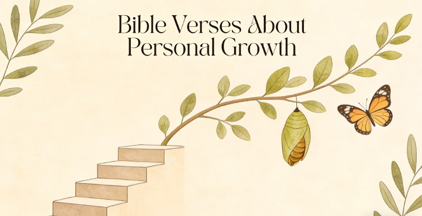 A staircase beside a leafy branch with a chrysalis and butterfly, symbolizing transformation. The text reads “Bible Verses About Personal Growth” on a light, neutral background.