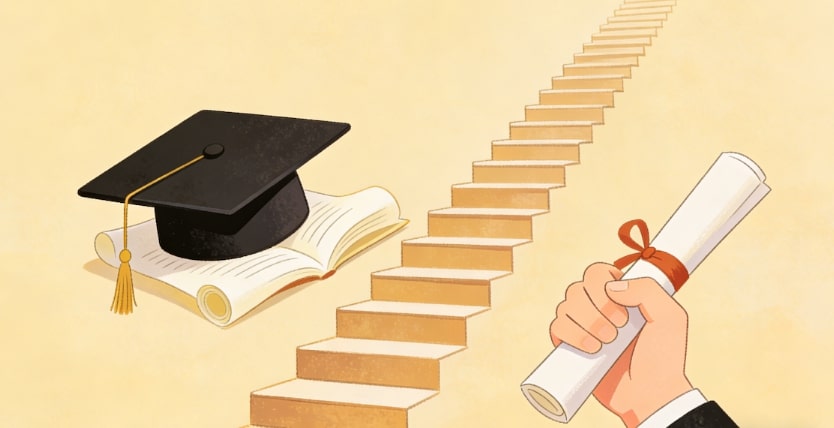 A hand holding a diploma faces a staircase leading upward. An open book and a graduation cap sit beside the stairs, symbolizing academic achievement and the journey ahead.
