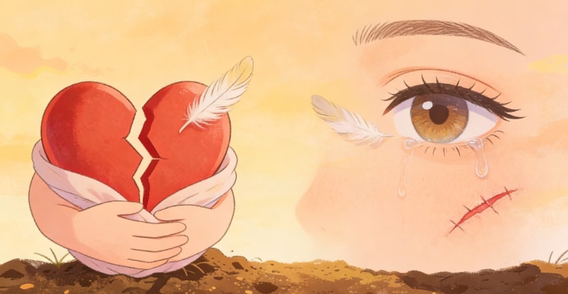 An illustration of hands gently holding a cracked heart wrapped in bandages, with feathers nearby. Beside it, a large eye with a tear and a feather on the eyelash, and a stitched scar below the eye, float against a soft, warm background.