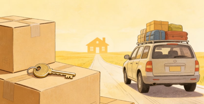 A car loaded with luggage drives toward a distant house. Cardboard boxes and a key are in the foreground, suggesting someone is moving to a new home. The scene is bright and warm.