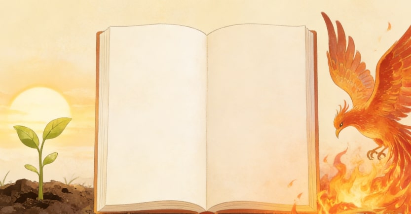 An illustration of an open blank book with a small plant sprouting from soil on the left and a fiery phoenix rising from flames on the right, with the sun setting in the background.