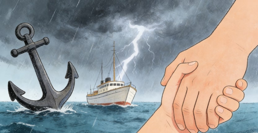 An illustration of a ship in stormy seas with lightning in the sky, a large anchor in the water, and two hands holding onto each other in the foreground, symbolizing support and stability.