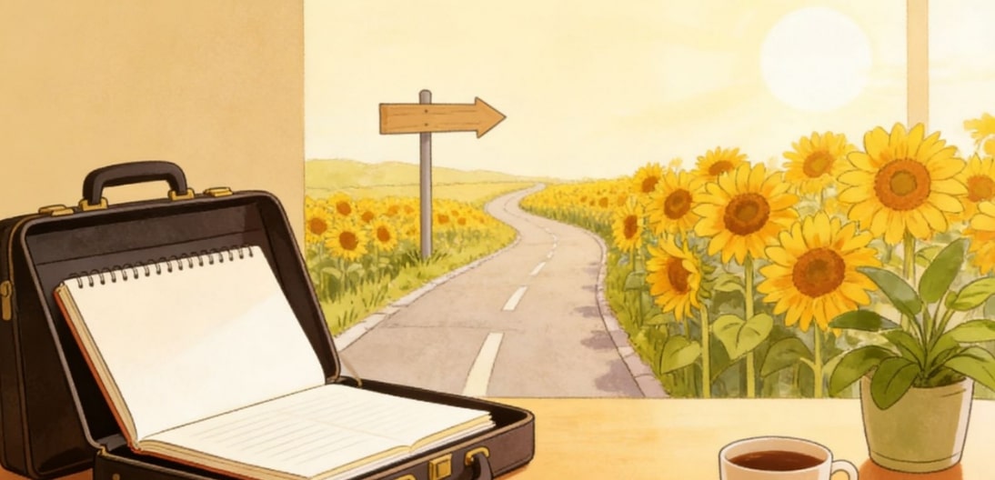 A briefcase with an open notebook sits on a desk beside a cup of coffee, overlooking a sunny field of blooming sunflowers and a winding road with a wooden arrow sign under a bright sky.