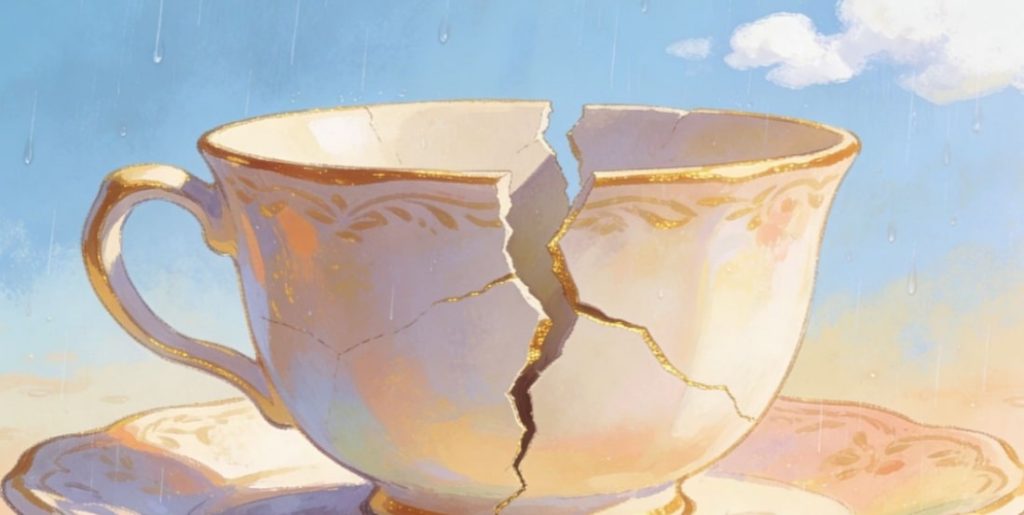 A delicate teacup with ornate designs sits on a matching saucer, split down the middle with a large jagged crack. Raindrops fall around the cup under a partly cloudy sky.