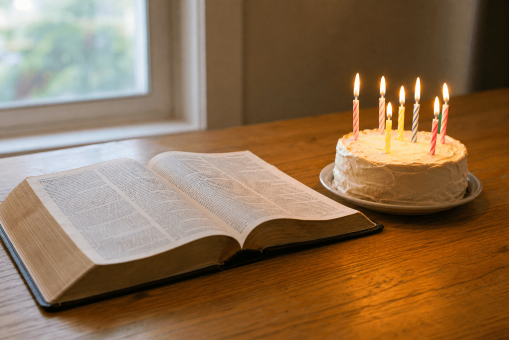 An open book and a frosted birthday cake with seven lit candles sit on a wooden table near a window.