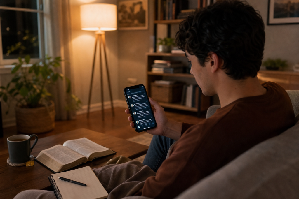 A person sits on a couch in a cozy living room at night, looking at messages on their smartphone. An open book, a notebook with a pen, and a mug rest on the coffee table nearby. Warm lighting fills the room.