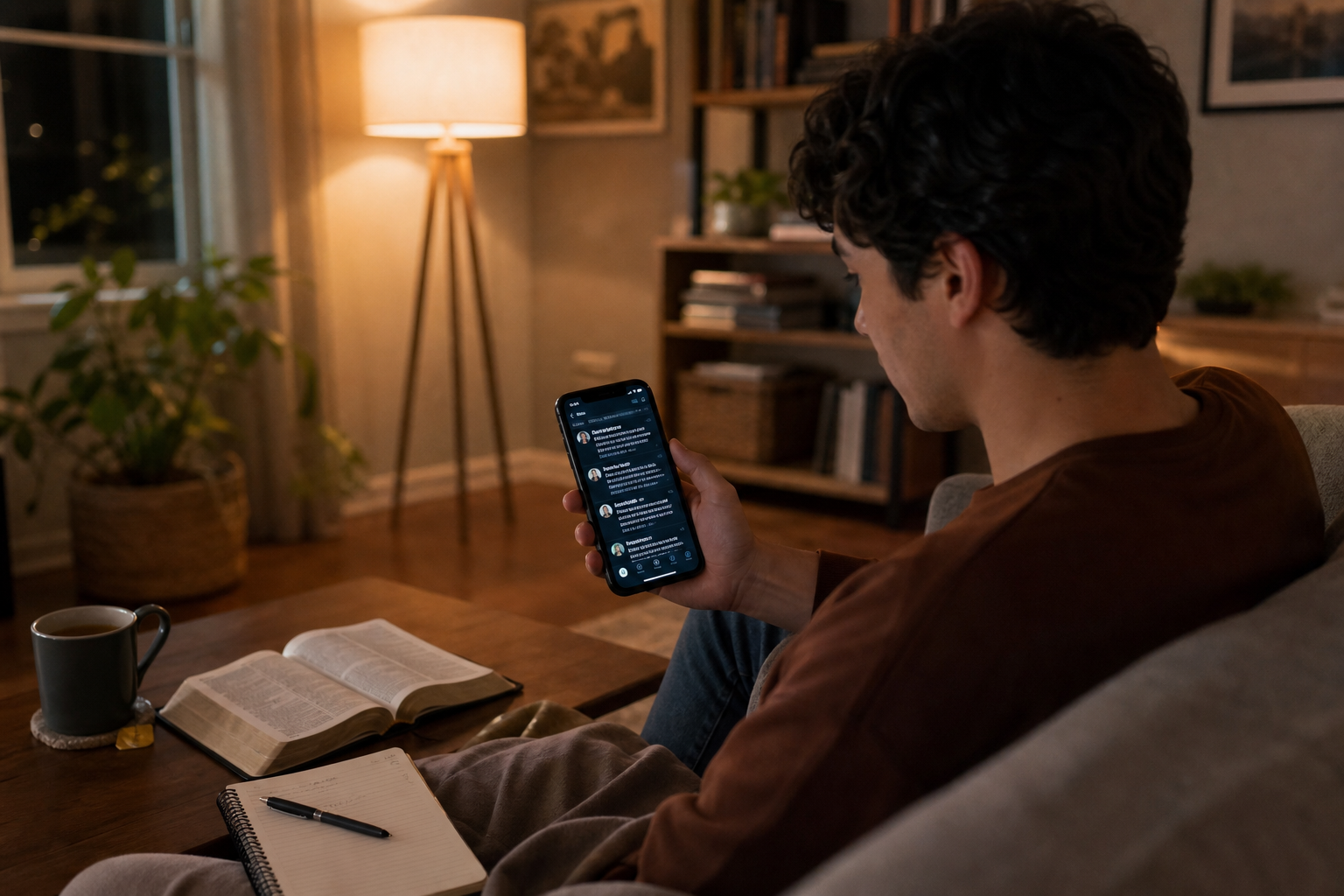 A person sits on a couch in a cozy living room at night, looking at messages on their smartphone. An open book, a notebook with a pen, and a mug rest on the coffee table nearby. Warm lighting fills the room.