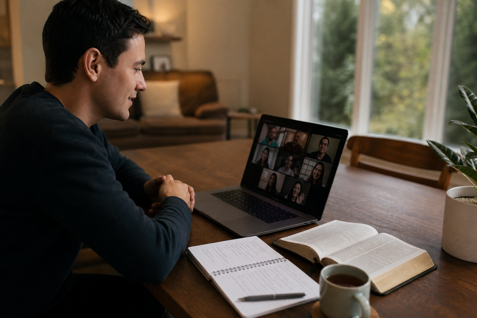 A man sits at a table with a notebook, pen, open book, and a cup of tea, participating in a video call on his laptop with several people. The room is bright with large windows in the background.