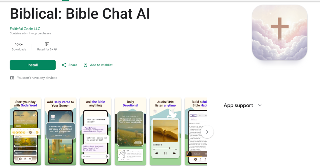A Google Play Store page for the Biblical: Bible Chat AI app, showing the app icon with a cross in clouds, its install button, star rating, and preview images of app features like daily verses, chat, devotionals, and audio Bible.