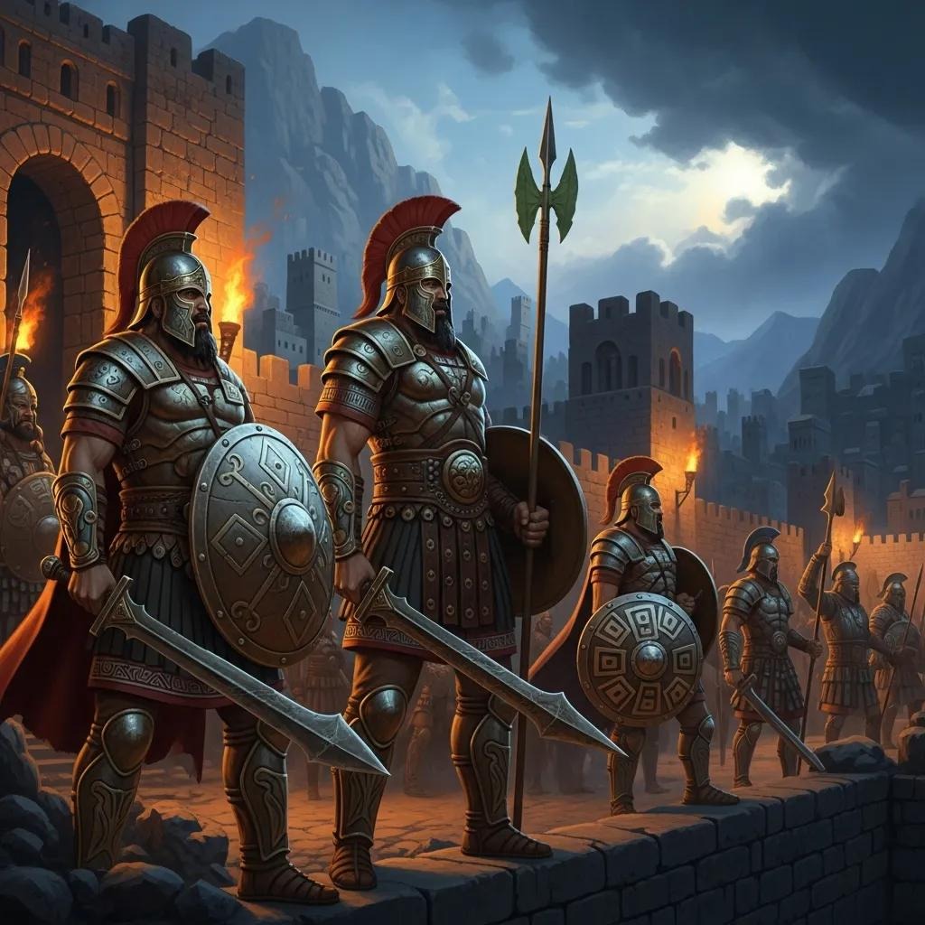 A group of armored ancient warriors with helmets, shields, and swords stand ready on a stone fortress wall, with fires burning and dark mountains in the background under a dramatic sky.