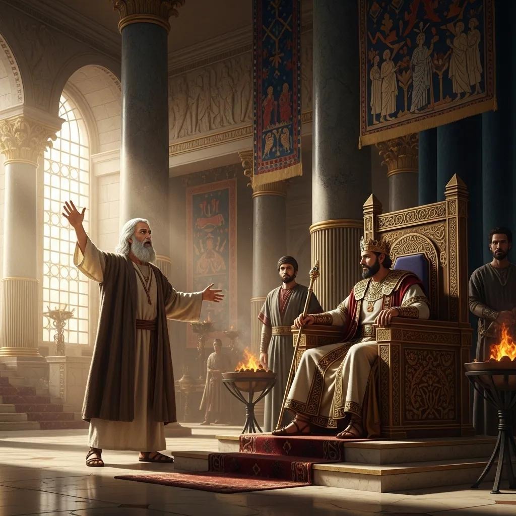 An elderly man with white hair gestures passionately before a seated king on a throne in a grand, sunlit hall adorned with banners, columns, and guards standing nearby.