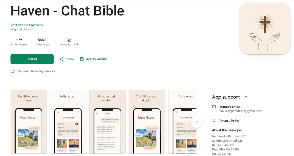Screenshot of the Haven - Chat Bible app page on Google Play, showing the app icon, install button, preview images with Bible features on phones, a 4.7-star rating, over 500K downloads, and developer contact details.