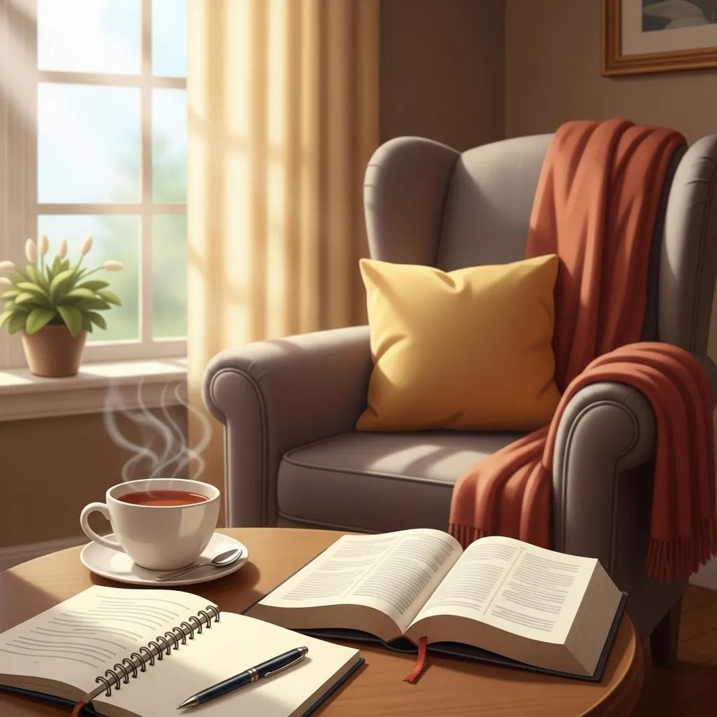 A cozy reading nook with a comfy armchair draped with an orange blanket and yellow pillow, a steaming cup of tea on the table, an open book, a notebook, and a pen. Sunlight streams in through a window beside a potted plant.