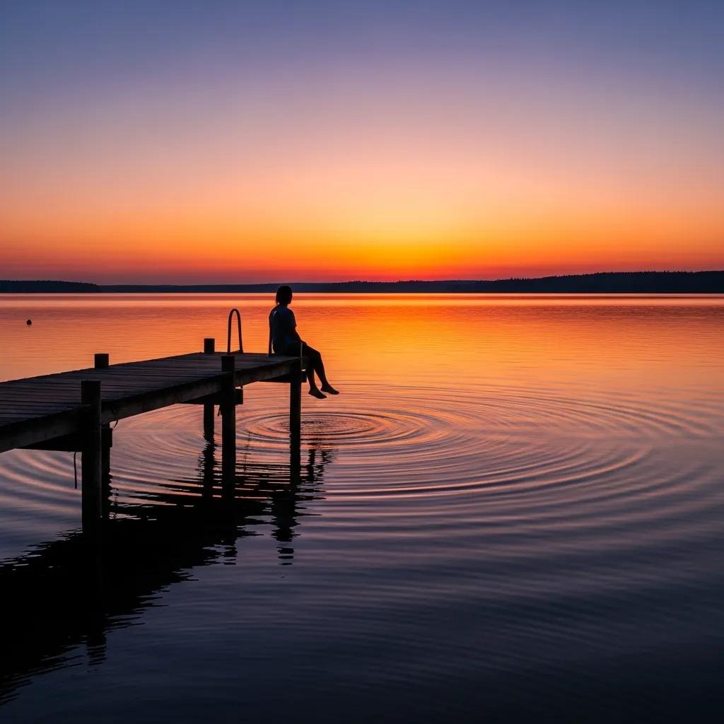A person sits at the end of a wooden dock, feet dangling above calm water at sunset. The sky glows orange and purple, and gentle ripples spread across the surface of the lake.