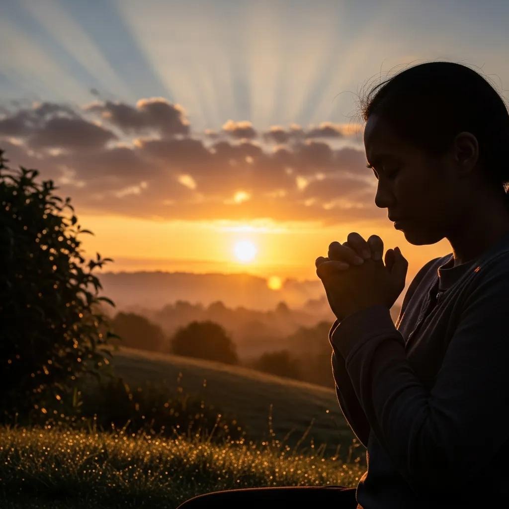 A person sits outdoors at sunrise, hands clasped in prayer, with sun rays shining through clouds over a peaceful landscape of trees and grass.