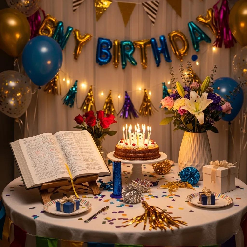 A birthday table with a cake topped with lit candles, an open book on a stand, bouquets of flowers, wrapped gifts, confetti, and party decorations. Happy Birthday balloons and string lights hang in the background.