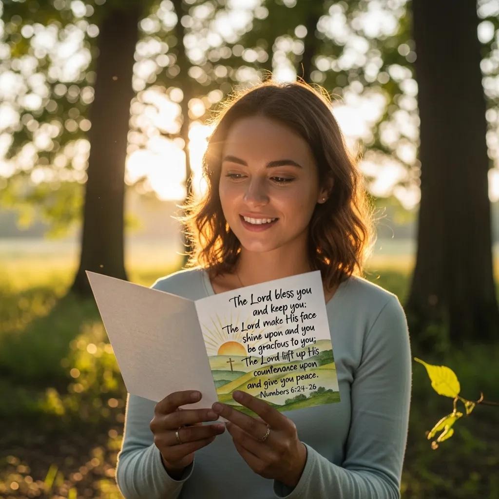 A young woman stands outdoors in a sunlit forest, smiling as she reads a greeting card with a Bible verse from Numbers 6:24-26 printed on it. Warm sunlight filters through the trees in the background.