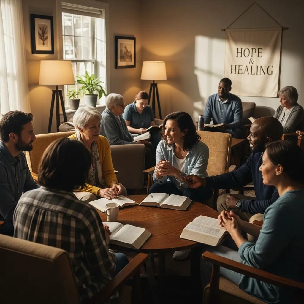 A diverse group of people sit in a cozy, well-lit room, engaged in conversation and reading books. A banner on the wall reads Hope & Healing, reflecting a supportive, community-focused atmosphere.