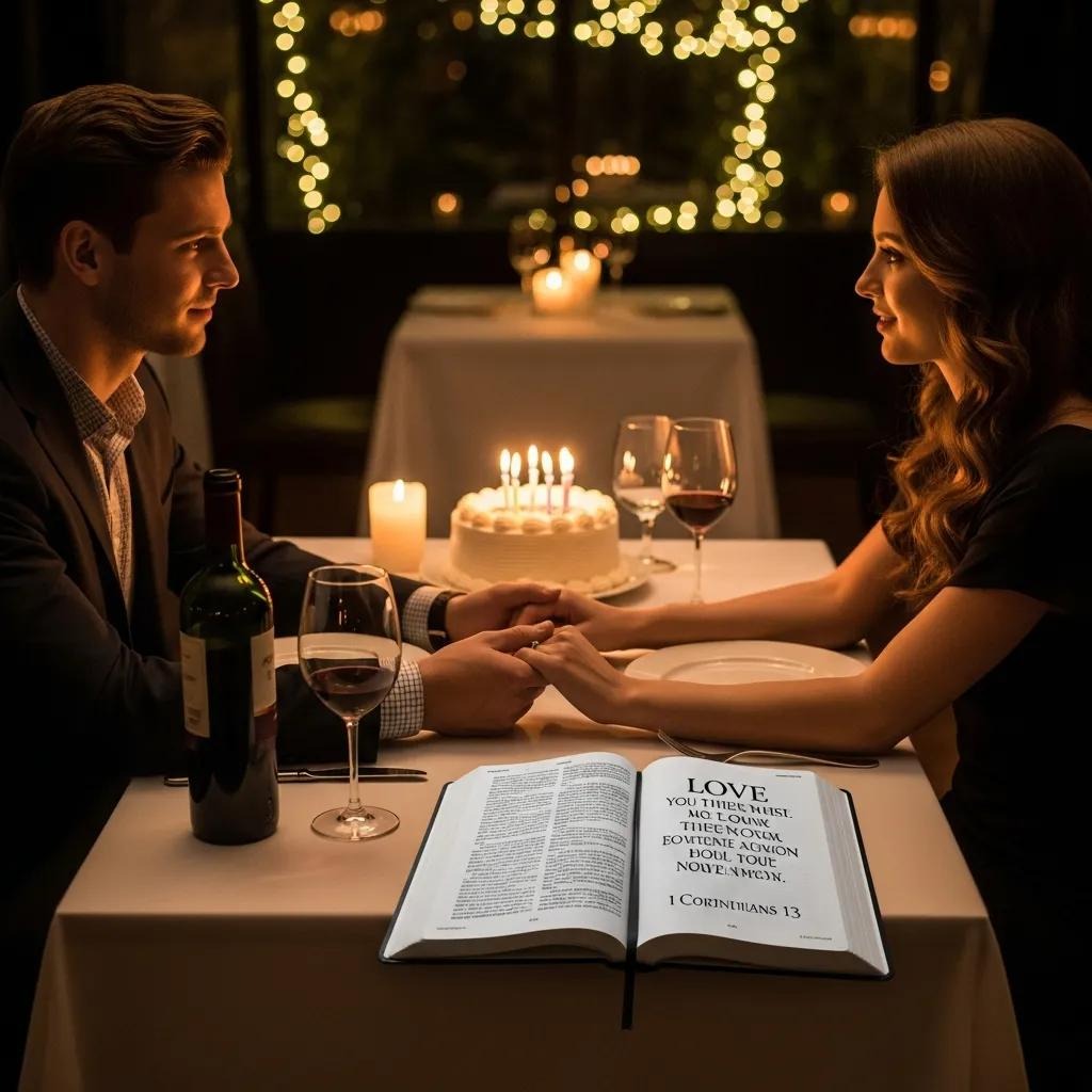A couple sits at a romantic, candlelit dinner table holding hands, with wine glasses, a cake, candles, and an open Bible displaying the verse: “Love... 1 Corinthians 13.” Twinkling lights decorate the background.