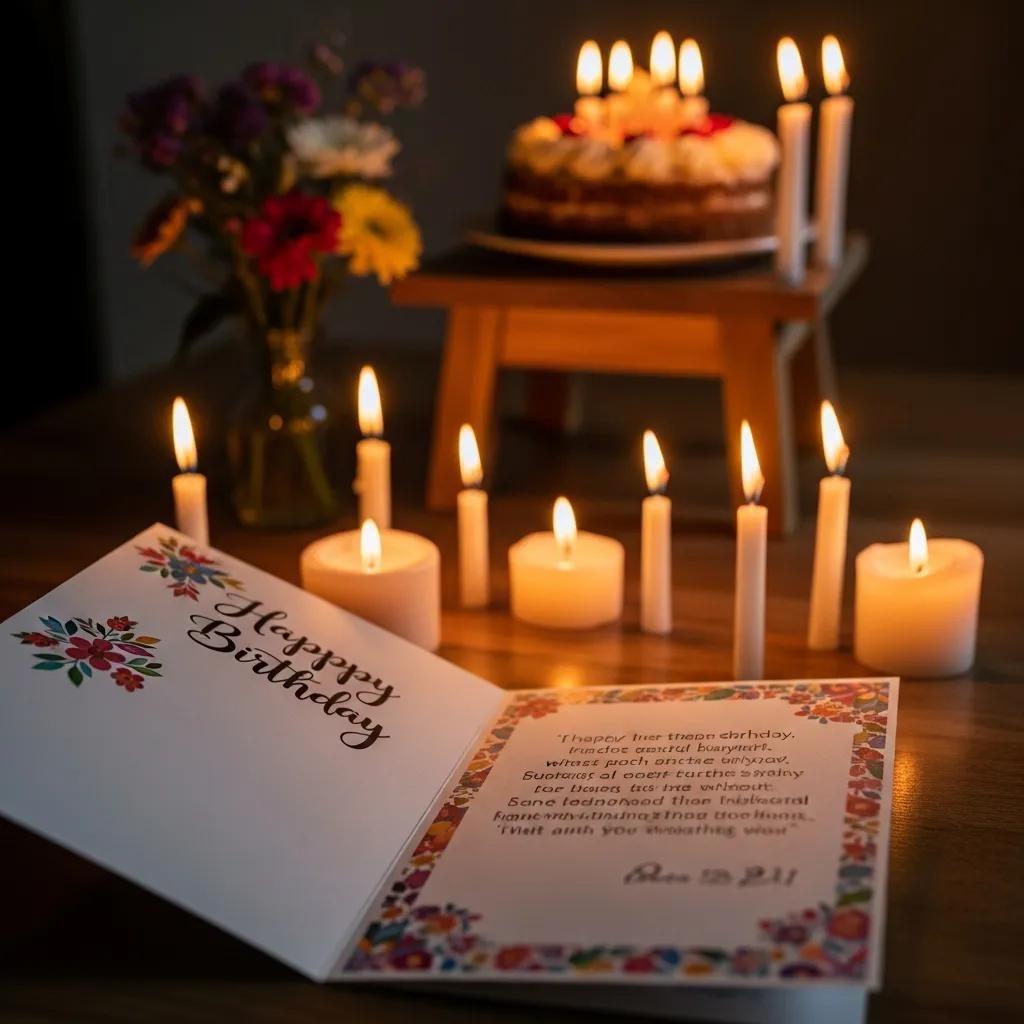 A birthday card with a heartfelt message is open on a table surrounded by lit candles. In the background, there’s a birthday cake on a stand and a vase of colorful flowers, creating a warm, festive atmosphere.