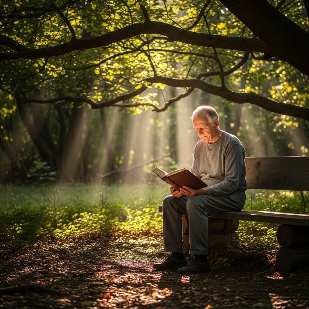 An elderly man sits on a wooden bench in a sunlit forest, reading a large book. Sunbeams filter through the trees, illuminating him and creating a peaceful, serene atmosphere.