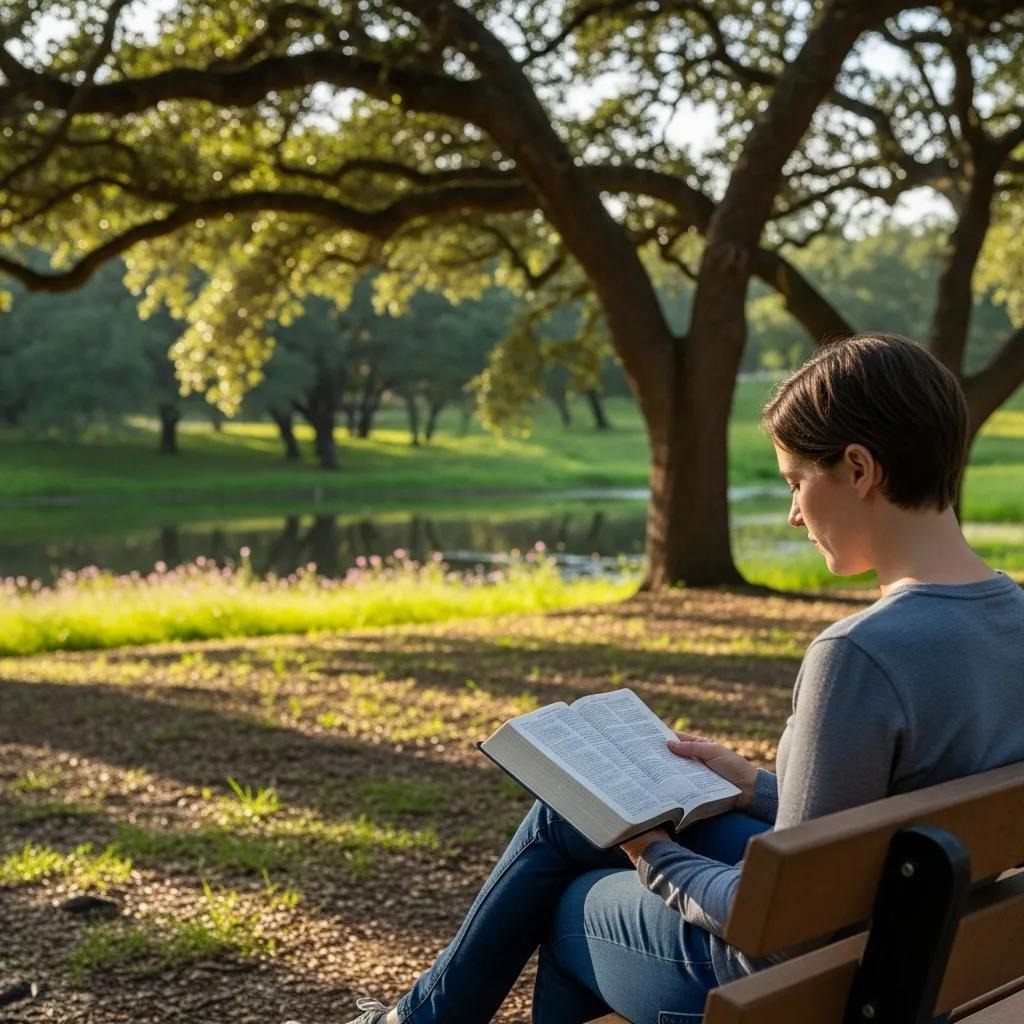 A person with short brown hair sits on a wooden bench under large trees, reading a book near a pond in a sunlit park. The scene is peaceful with green grass and dappled sunlight.