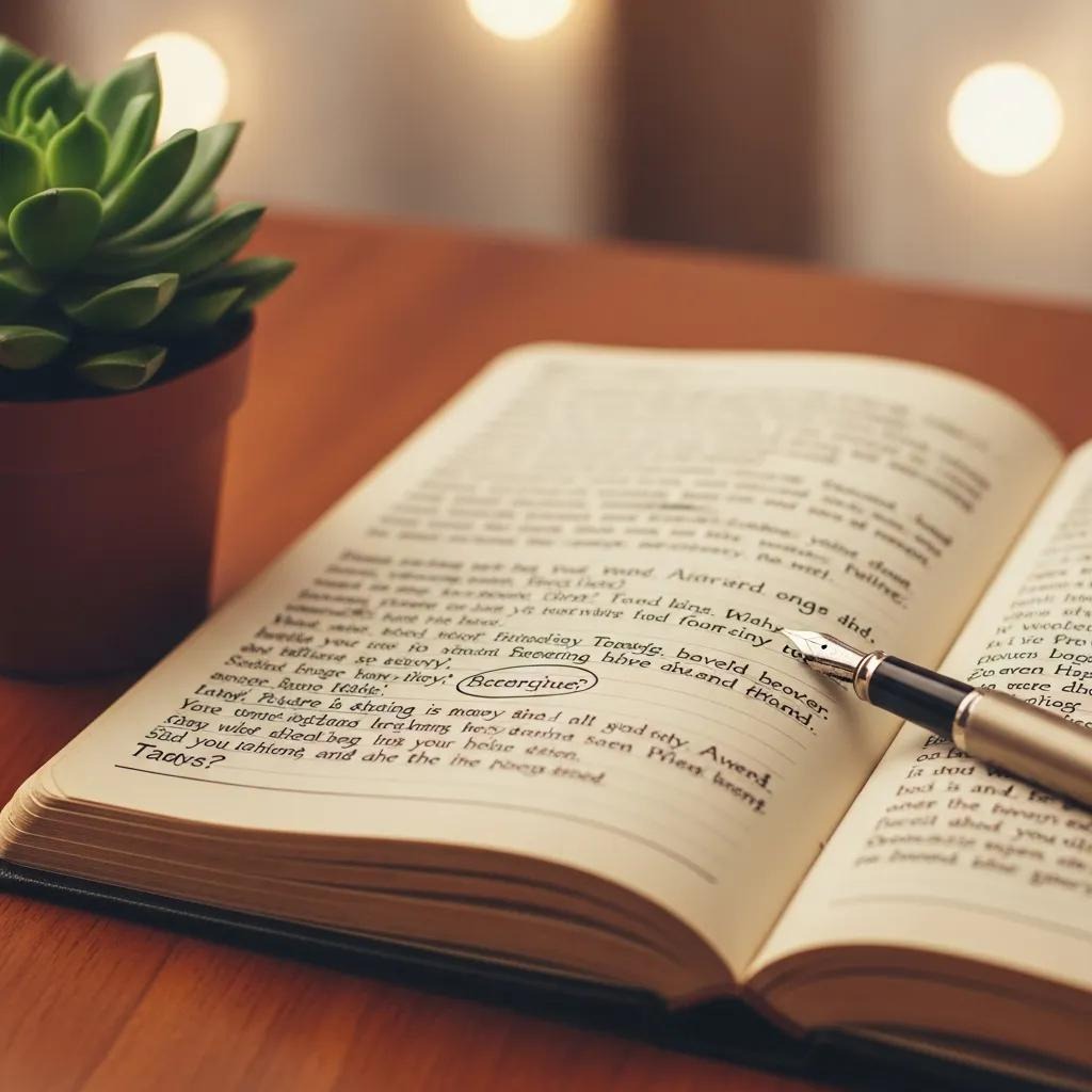 An open book lies on a wooden table beside a potted succulent. A fountain pen rests on the book, and the background features soft, warm lights creating a cozy atmosphere.