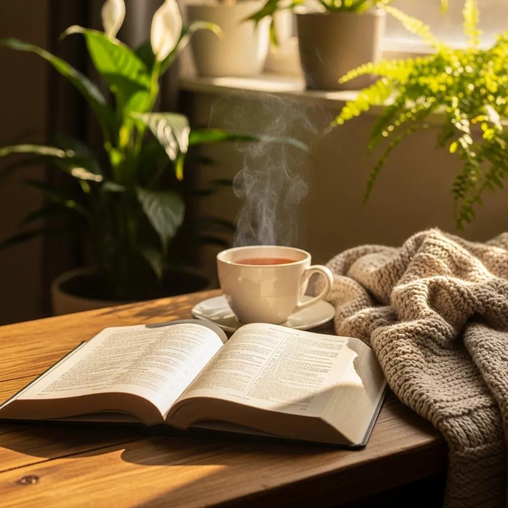 An open book rests on a wooden table beside a steaming cup of tea, a knitted blanket, and potted plants, all bathed in warm sunlight from a nearby window.