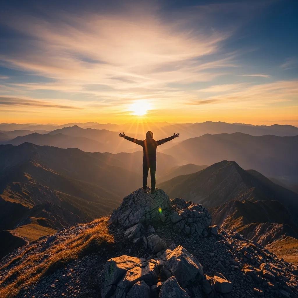 A person stands with arms outstretched on a rocky mountain peak, facing a vibrant sunrise or sunset, with layers of mountains and a colorful sky in the background.