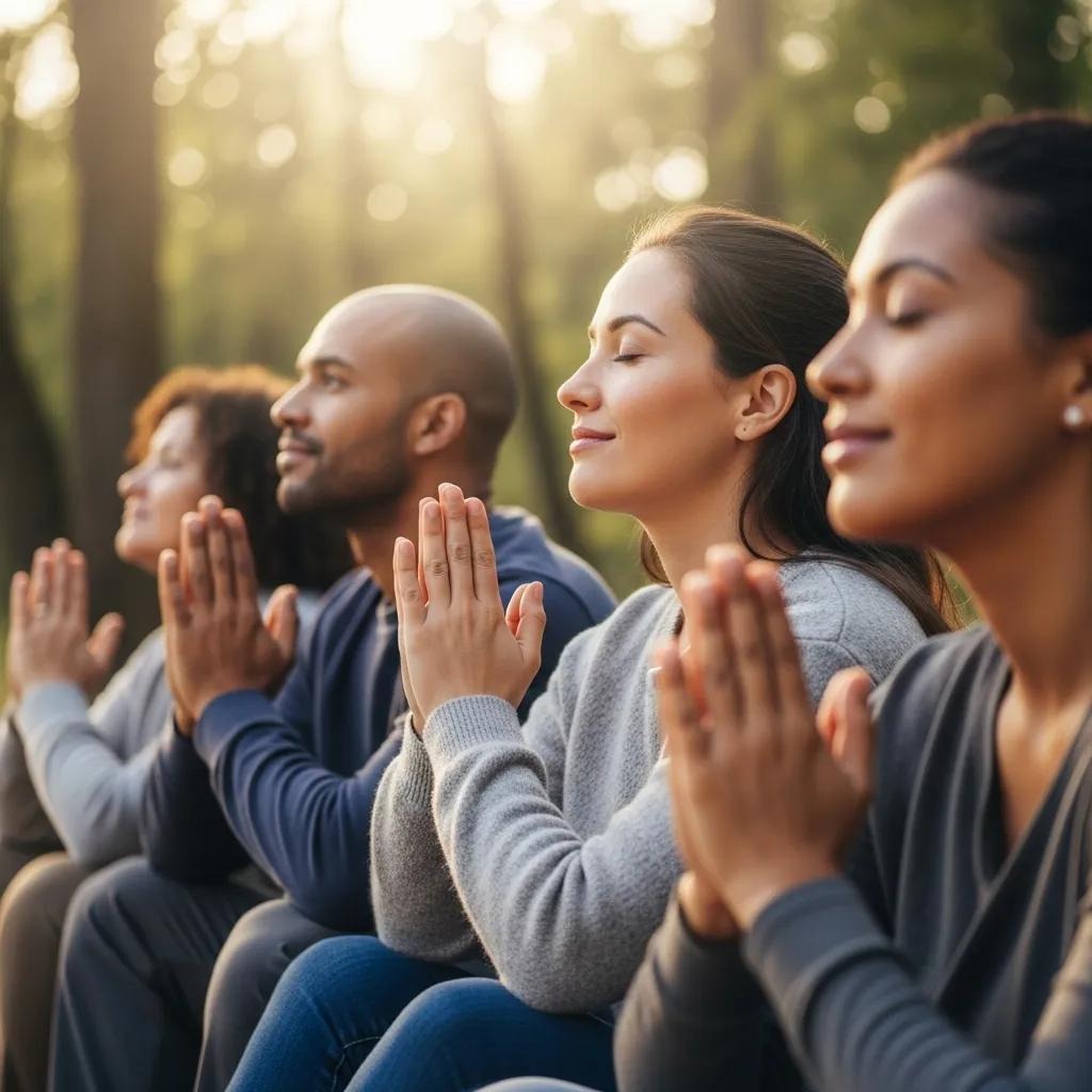 Four people sit outdoors in a row, eyes closed, hands pressed together in a prayer or meditation gesture, with soft sunlight filtering through trees in the background.