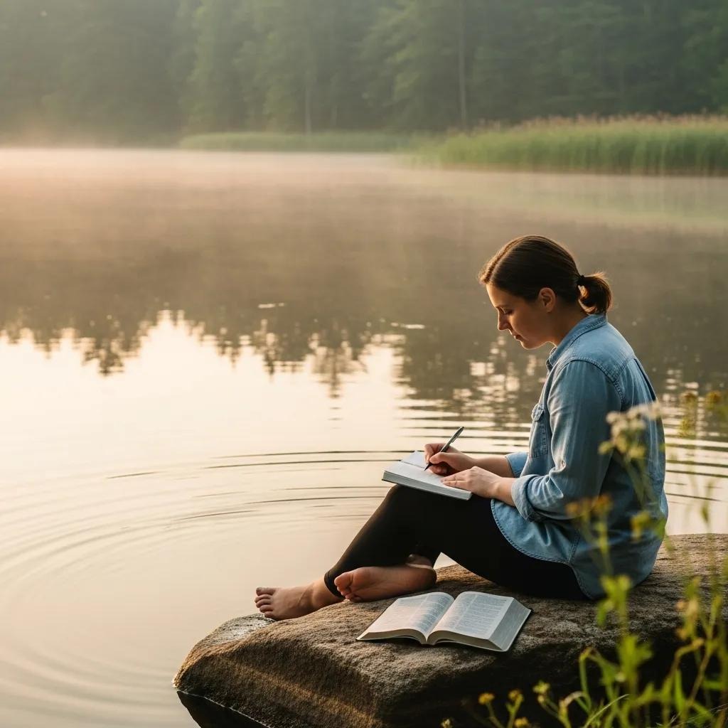 A woman sits barefoot on a rock by a calm lake, writing in a notebook with an open book beside her. Morning mist rises over the water, and trees line the shore in the background.
