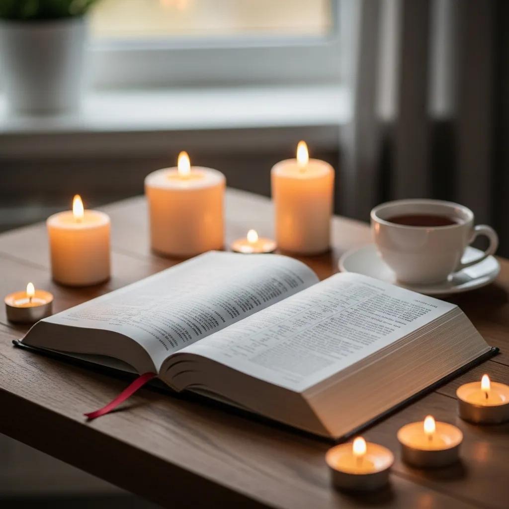 An open book on a wooden table surrounded by lit candles and a cup of tea, creating a warm, cozy atmosphere. A window and a plant are blurred in the background.