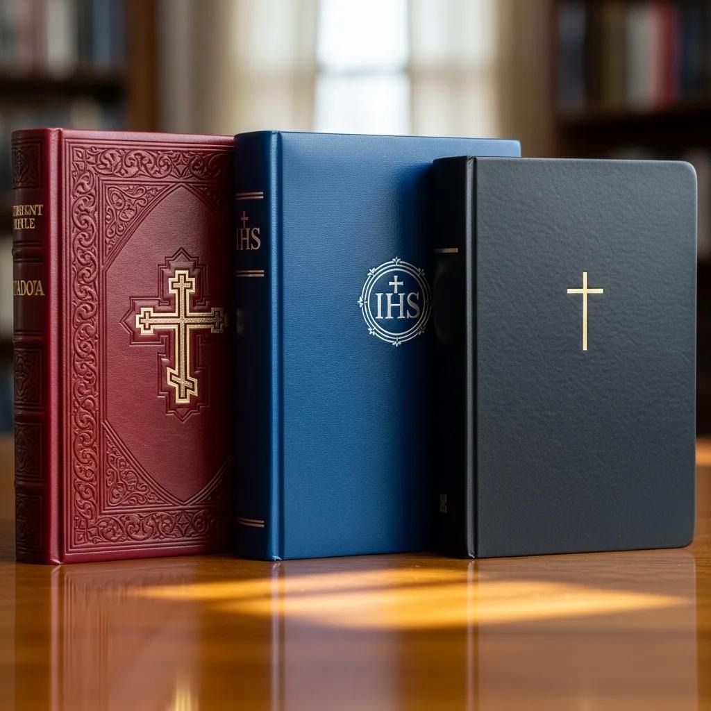 Three religious books with ornate covers—one red, one blue, and one black—stand upright on a wooden table. Each cover features a gold cross or Christian symbol. Blurred bookshelves are visible in the background.