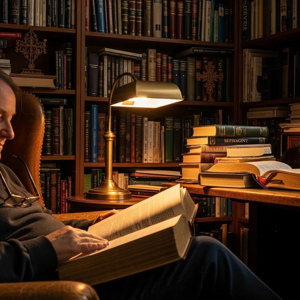 A person sits in a cozy armchair, reading a large book beside a table stacked with more books and a lit desk lamp, surrounded by shelves filled with books in a warm, softly lit library.