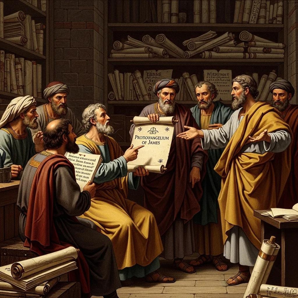 A group of men in ancient robes gather in a library, discussing and examining a scroll labeled “Protoevangelium of James,” surrounded by shelves filled with scrolls and books.