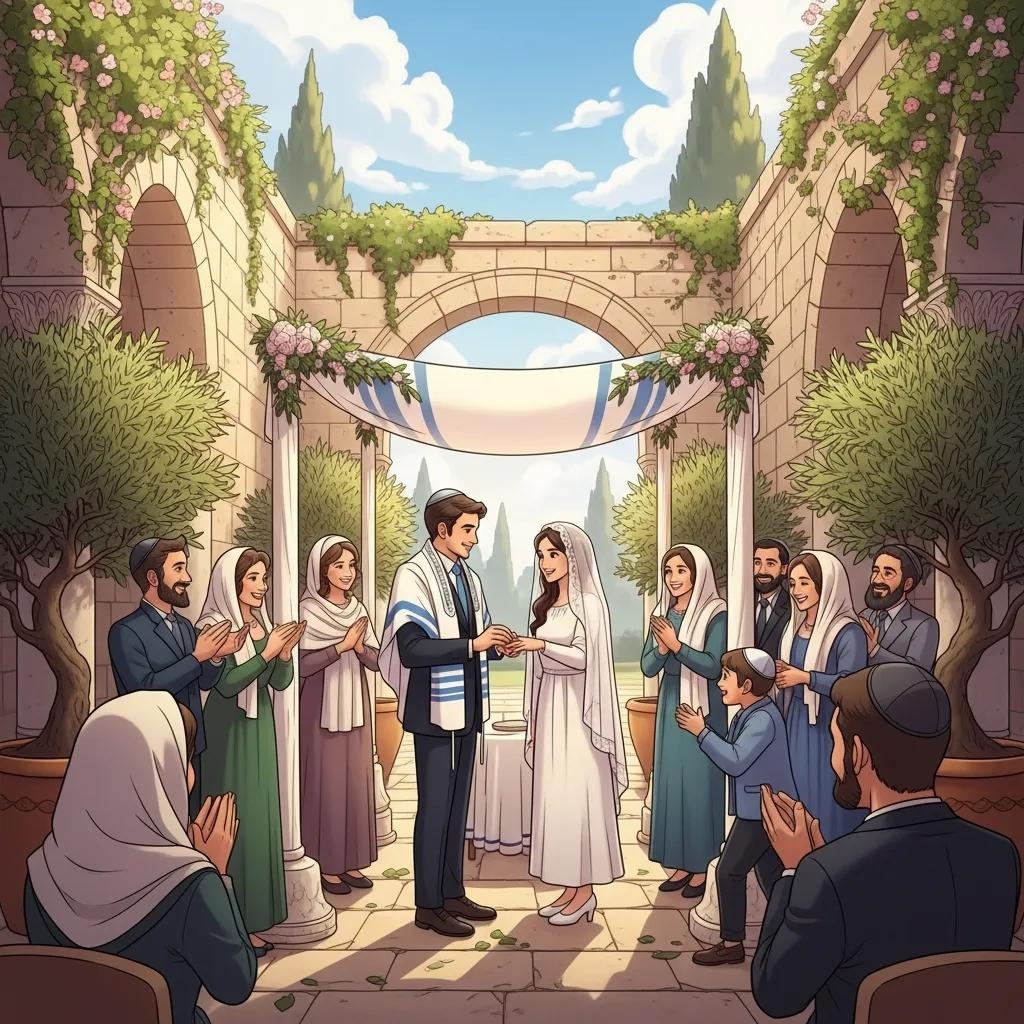 A bride and groom stand under a floral chuppah exchanging vows, surrounded by family and friends applauding in an outdoor courtyard with stone arches and greenery, during a Jewish wedding ceremony.