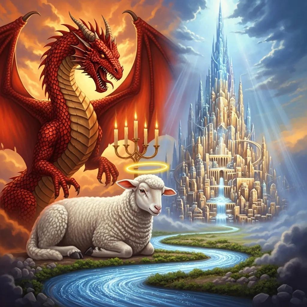 A red dragon and a glowing lamb with a halo face each other across a river; behind the dragon is fire and a candelabra, while behind the lamb is a radiant, crystal-like city in the clouds with sunlight streaming down.
